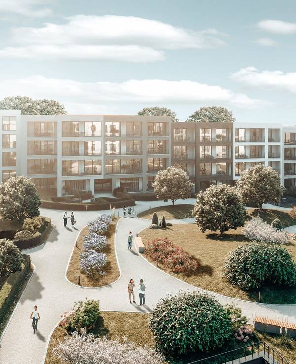 Stadtquartier 13. Bild zeigt einen Entwurf, wie die Wohnanlage in Bergisch Gladbach aussehen wird, in der Mitte eine Parkanlage mit Spaziergängern.