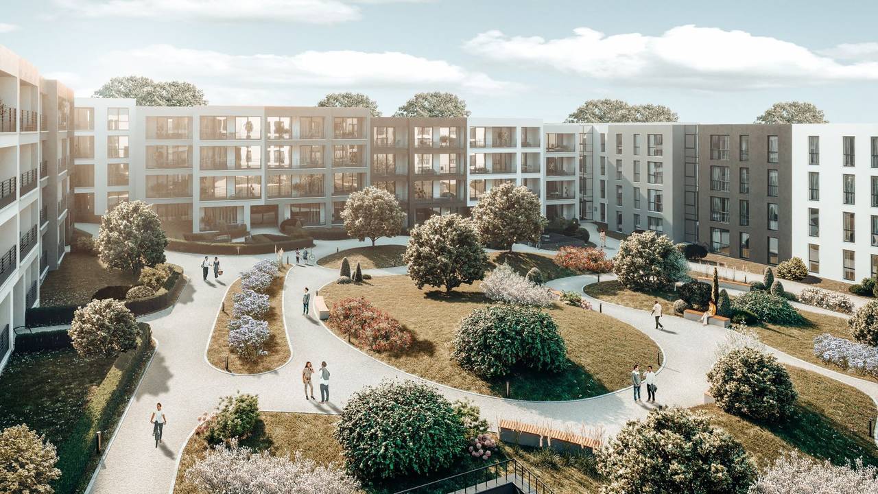 Stadtquartier 13. Bild zeigt einen Entwurf, wie die Wohnanlage in Bergisch Gladbach aussehen wird, in der Mitte eine Parkanlage mit Spaziergängern.