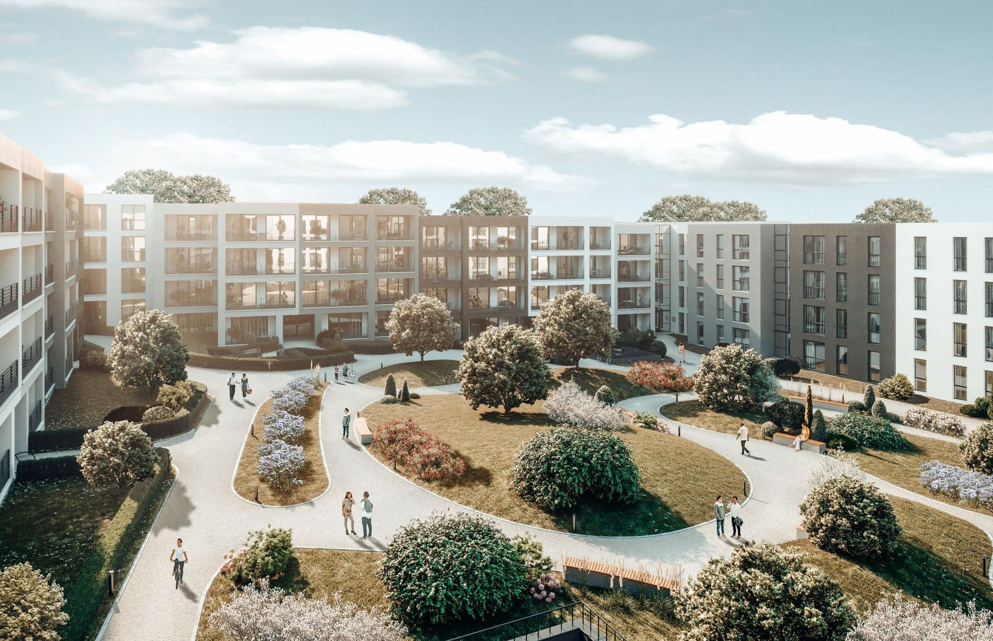 Stadtquartier 13. Bild zeigt einen Entwurf, wie die Wohnanlage in Bergisch Gladbach aussehen wird, in der Mitte eine Parkanlage mit Spaziergängern.