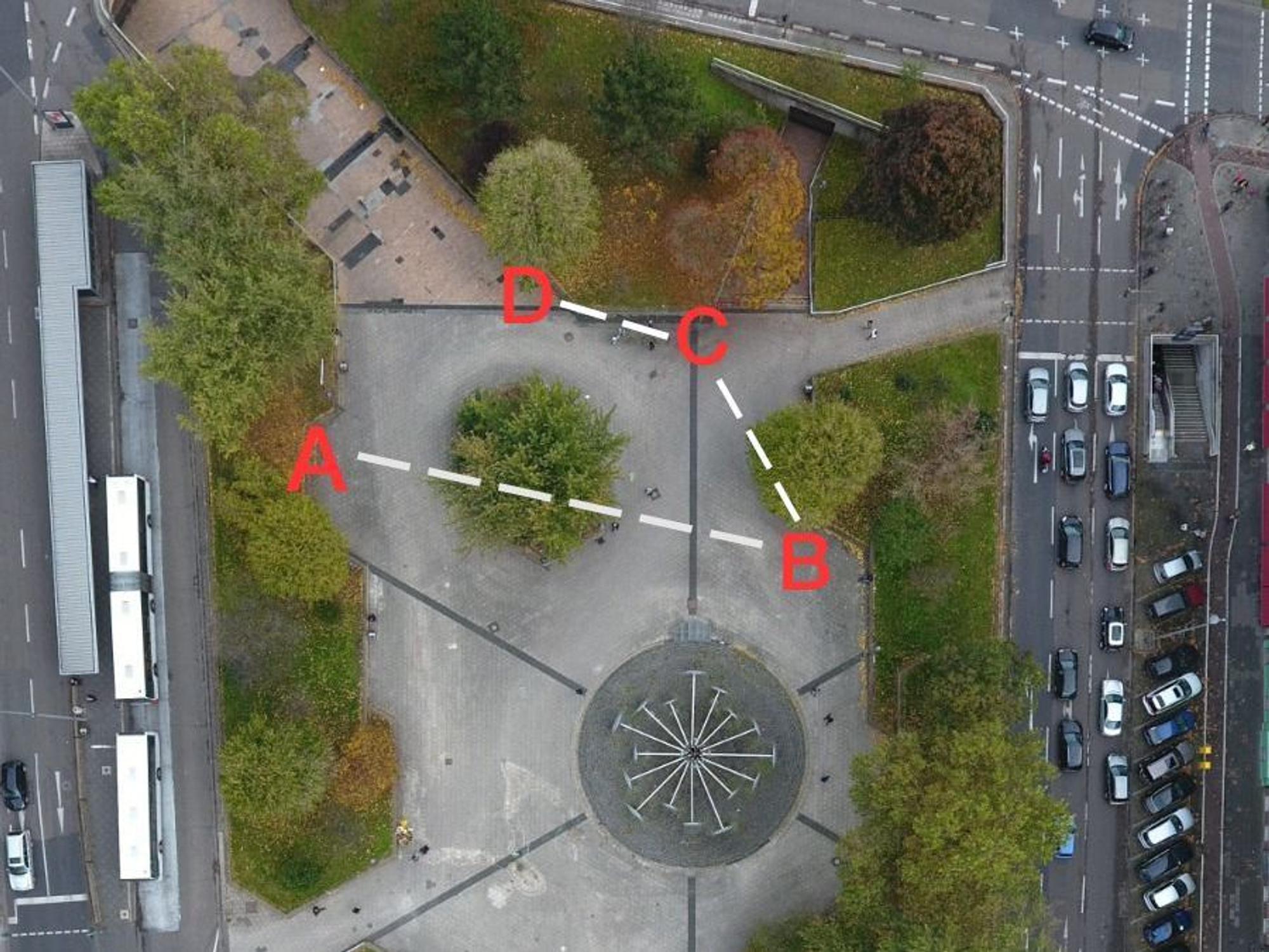 Die verschiedenen Standorte des Urinals am Ebertplatz mit Buchstaben gekennzeichnet.