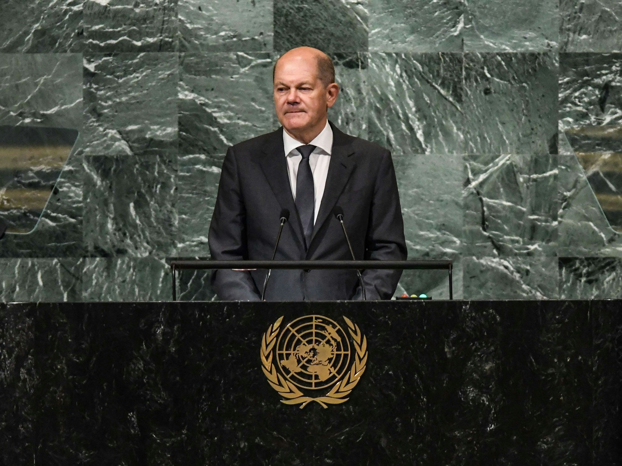 Der deutsche Bundeskanzler Olaf Scholz bei seiner Rede vor den Vereinten Nationen am 20. September 2022 in New York.