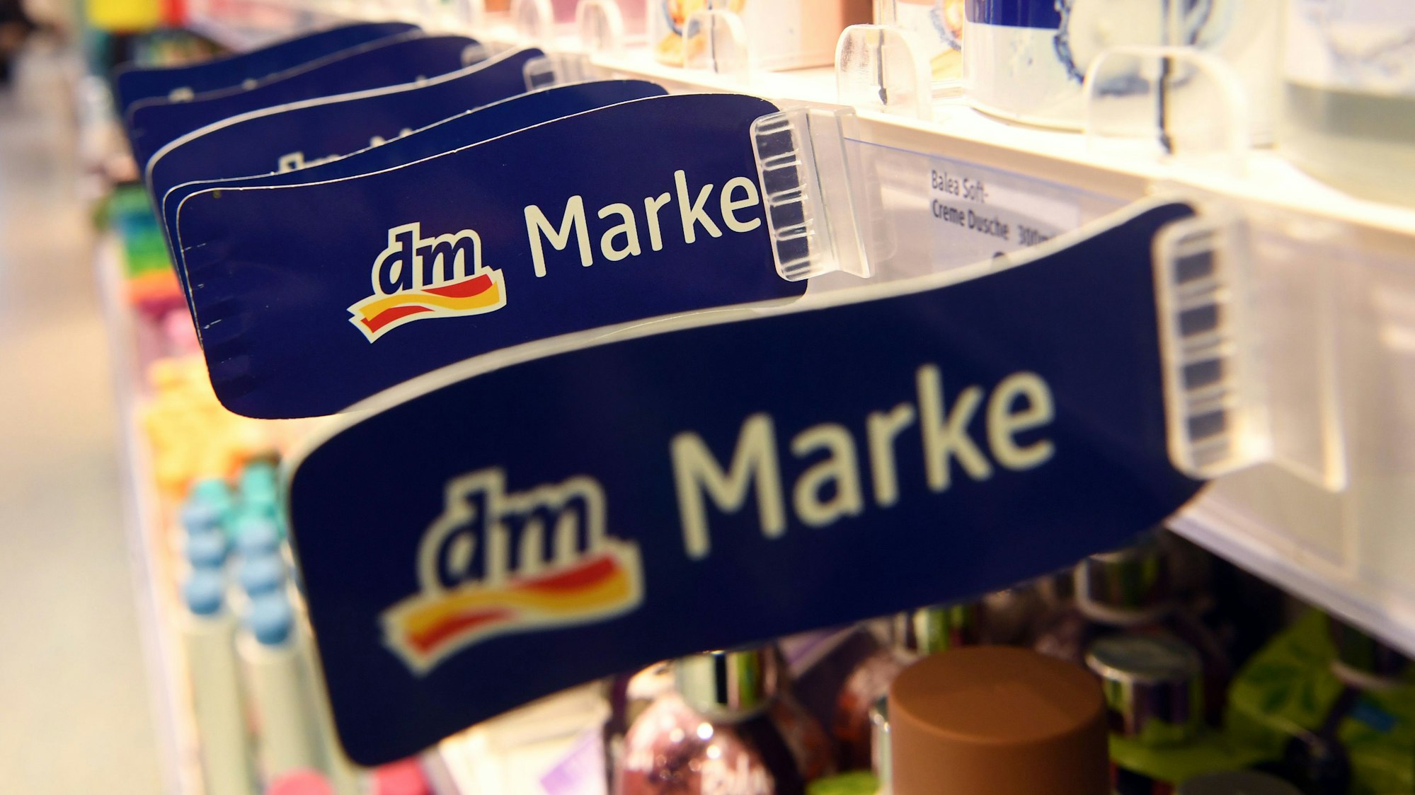 Das Foto zeigt ein Regal mit Produkten in einer Filiale der Drogeriemarktkette dm.