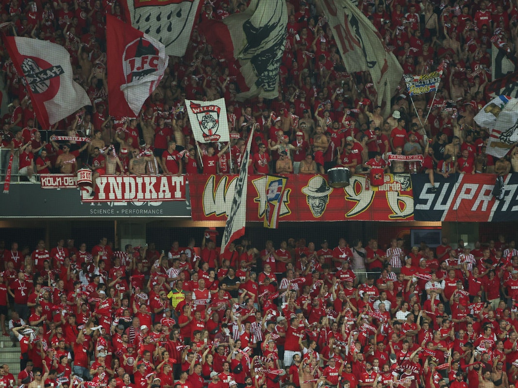 Allianz Riviera Stadion in Nizza: Fans von Köln stehen auf der Tribüne.