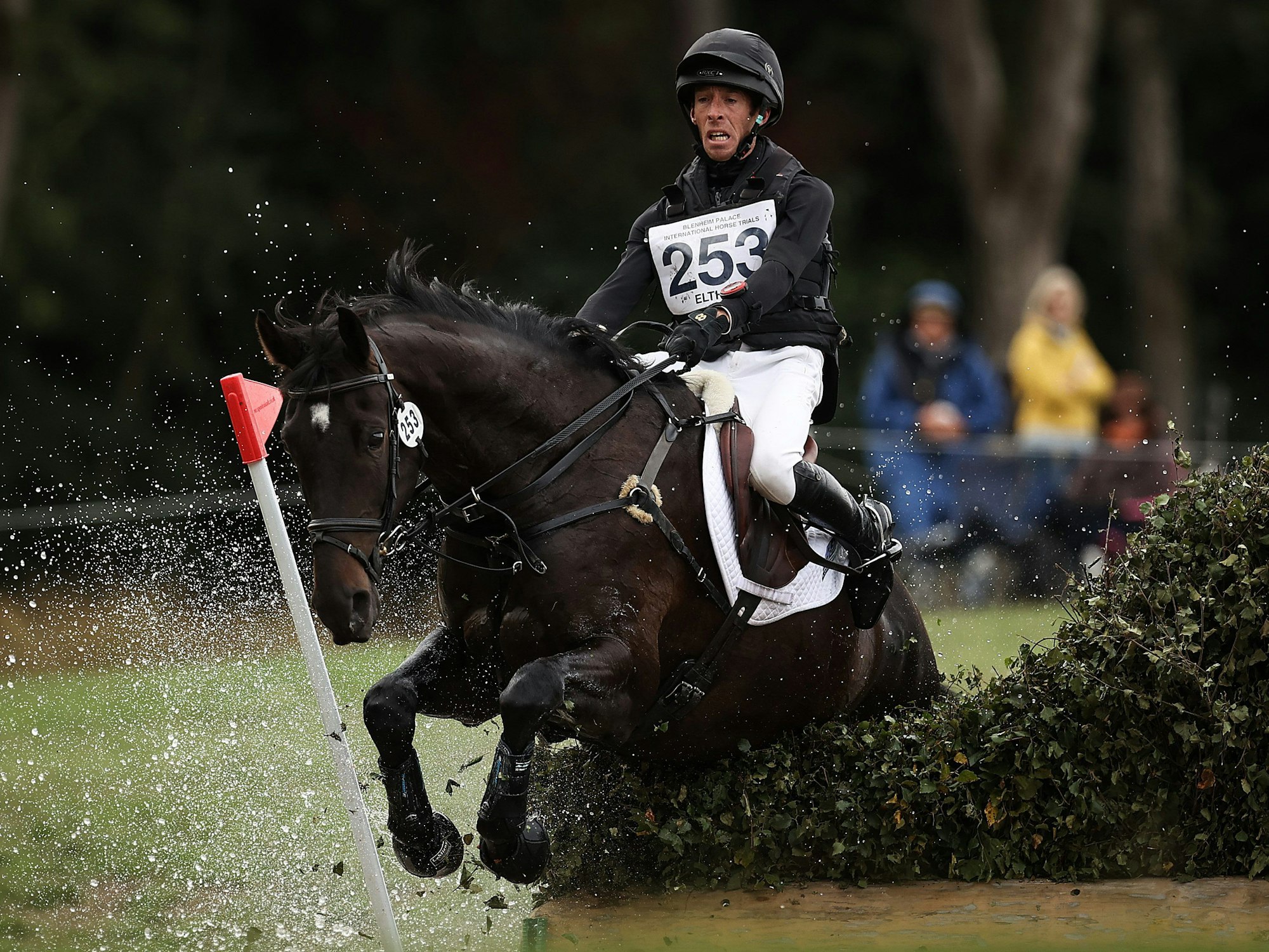 Der Reiter Ed Eltham springt mit seinem Pferd Ingido VIII über ein Hindernis.