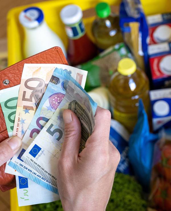 Eine Einkaufskiste mit Lebensmitteln steht auf einem Küchentisch, während eine Frau Euro-Banknoten in den Händen hält. Ab Oktober ändert sich einiges, auch finanziell.