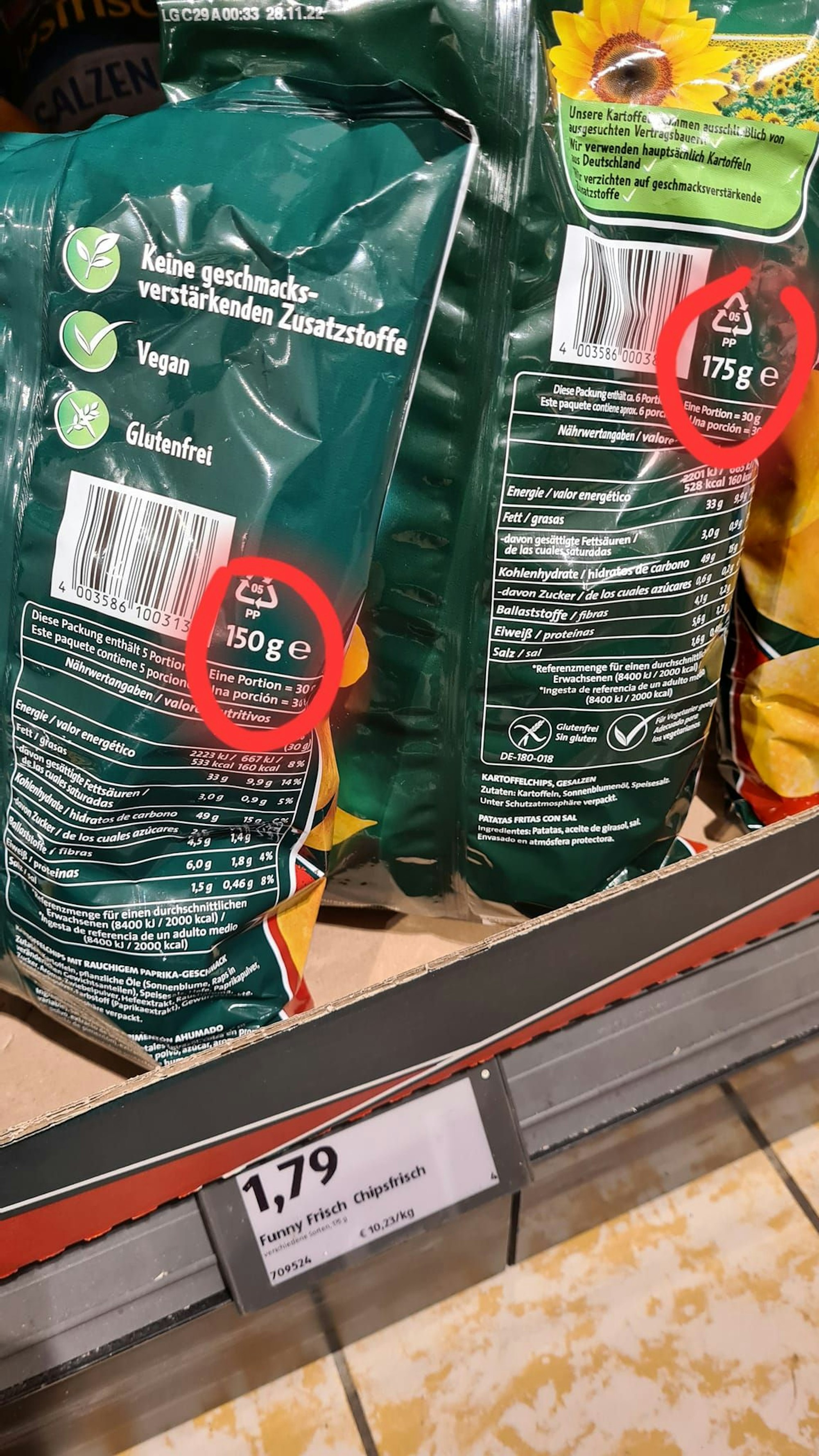 Das Foto des Aldi-Kunden zeigt die versteckte Preissteigerung bei den Chips.