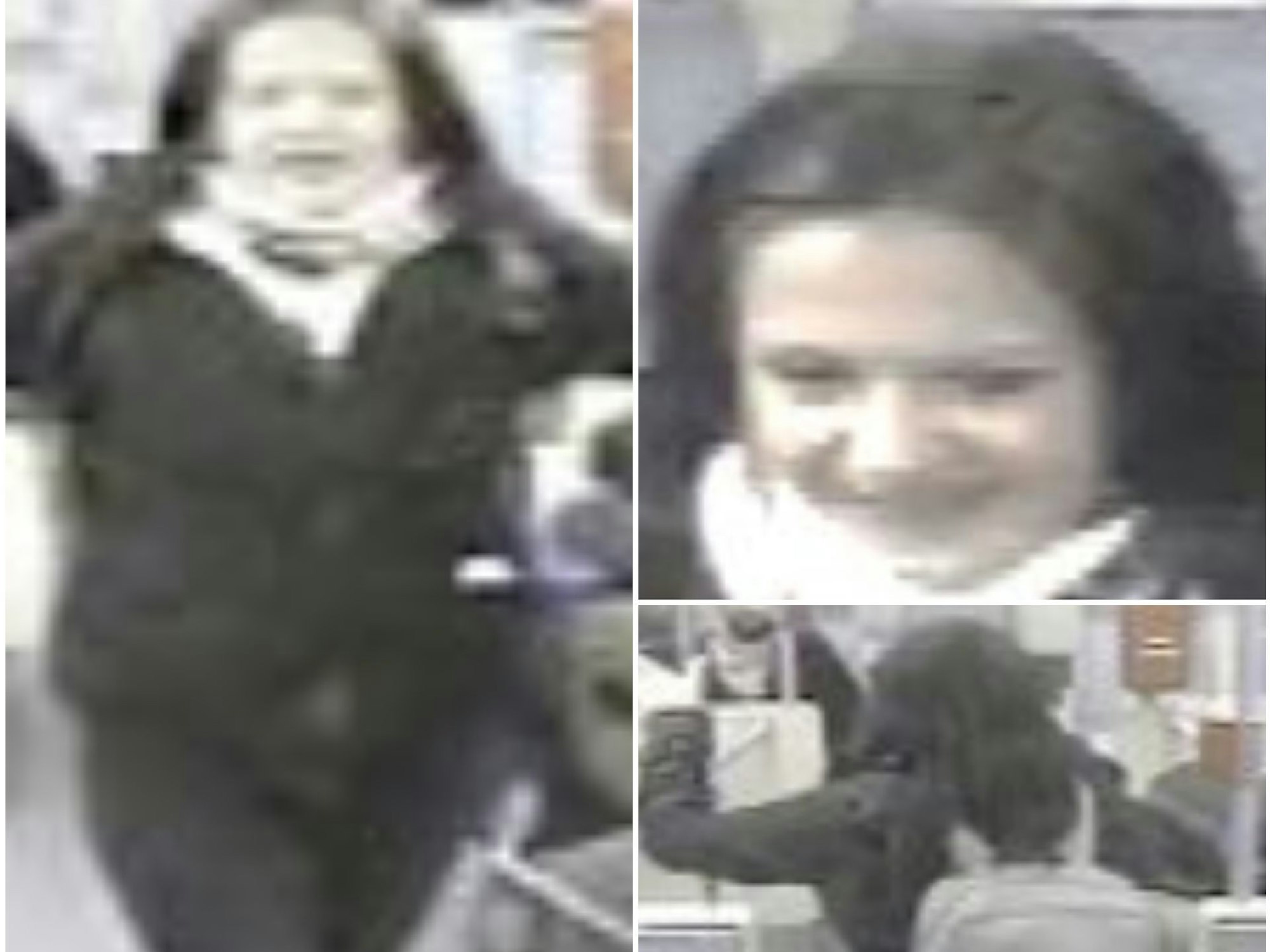 Fahndungsfotos zeigen eine Frau, die im März 2022 zwei Frauen fremdenfeindlich beleidigt haben soll und sie mit einem Rucksack attackiert haben soll.