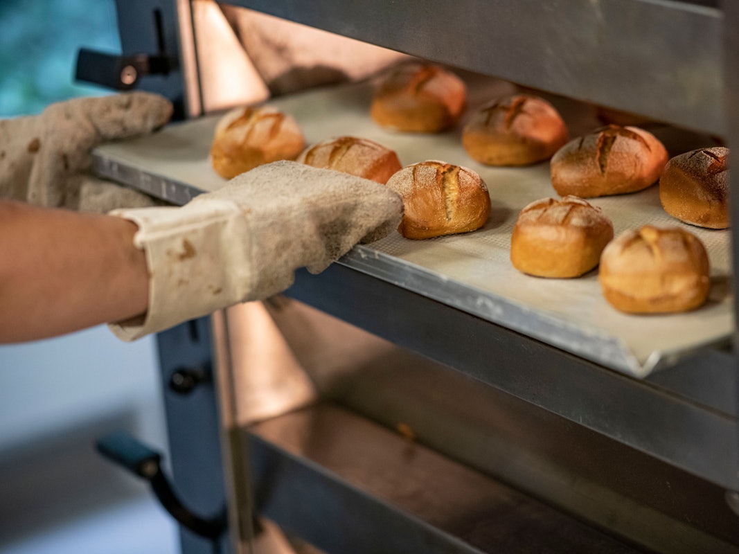 Eine Person schiebt in der Bäcker-Innung Berlin Blech mit Brötchen in den Ofen.