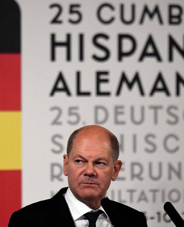 Bundeskanzler Olaf Scholz auf einer Pressekonferenz am 5. Oktober 2022 im Rahmen seines Besuchs in Spanien