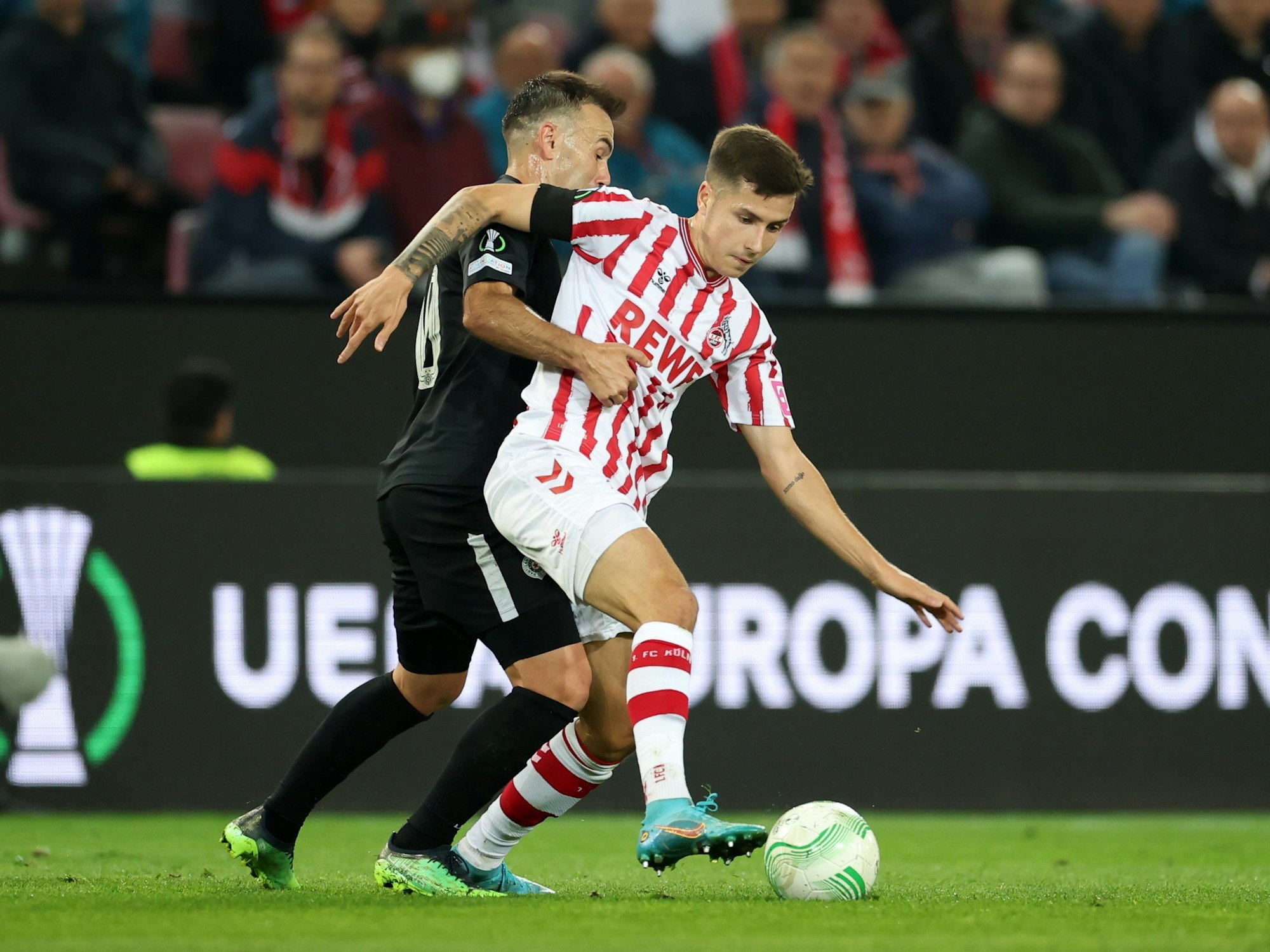 Kölns Startelf-Debütant Denis Huseinbasic (r.) am Donnerstag (6. Oktober 2022) im Duell mit Belgrads Bibras Natcho