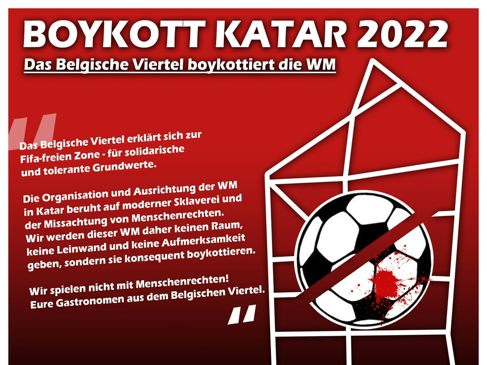 Ein Plakat mit einem Text zum Boykott der WM in Katar durch Kölner Kneipen.