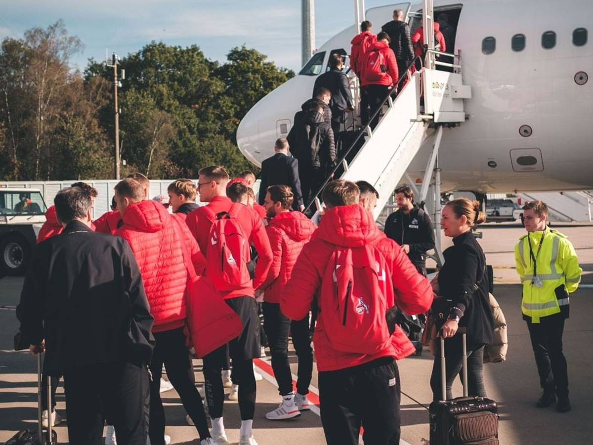 Die Spieler des 1. FC Köln auf der Laufbahn im Partizana-Stadion.