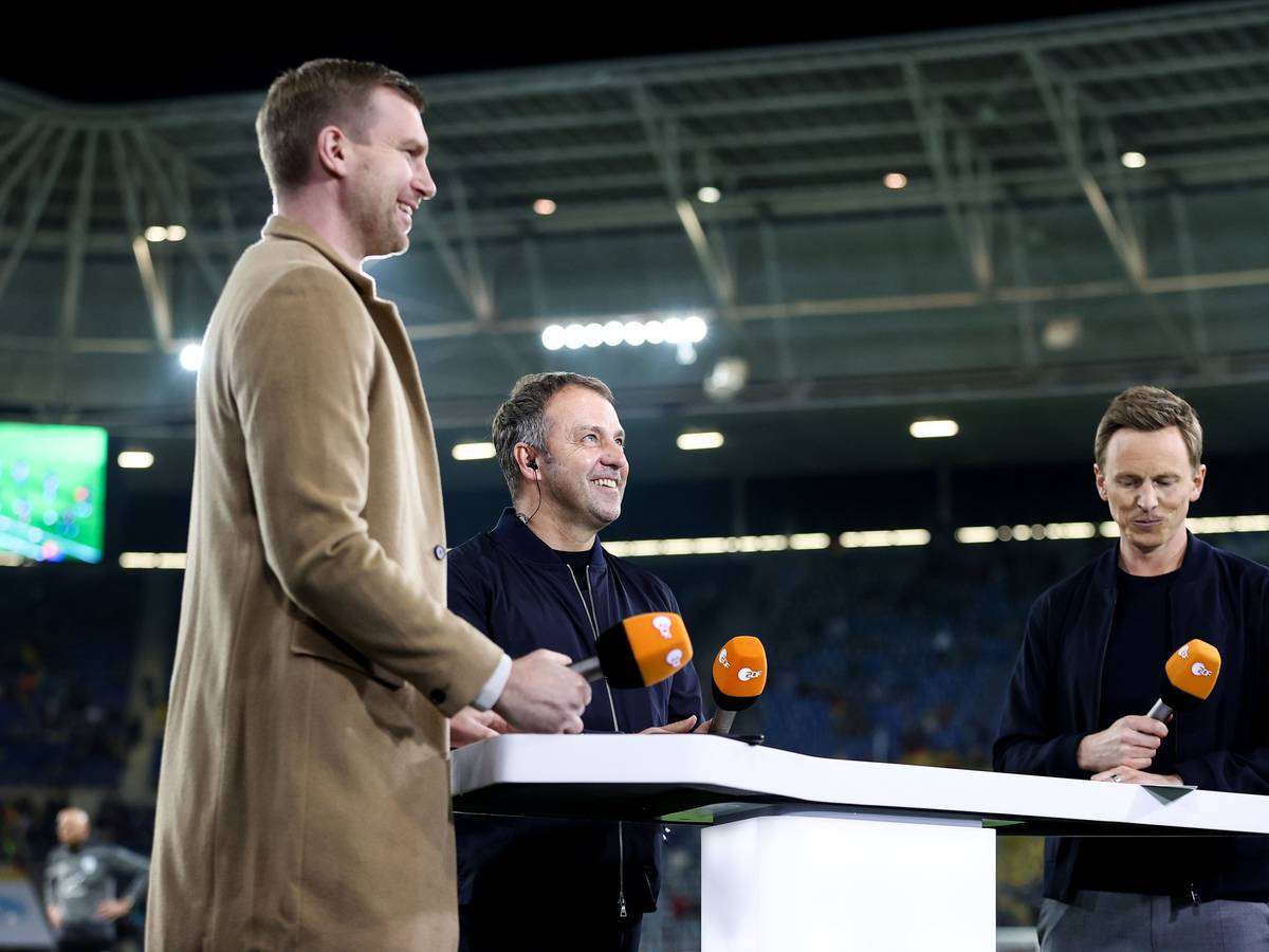 Deutschlands Trainer Hans-Dieter Flick (M.) im Interview mit dem ehemaligen Nationalspieler Per Mertesacker (l.) und TV-Moderator Jochen Breyer vom ZDF.