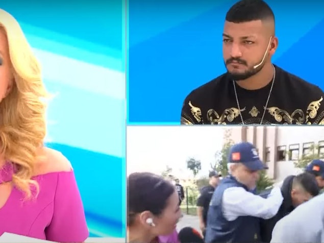 Ausschnitt einer Fernsehsendung mit einer Moderatorin und einem Gast der Sendung.