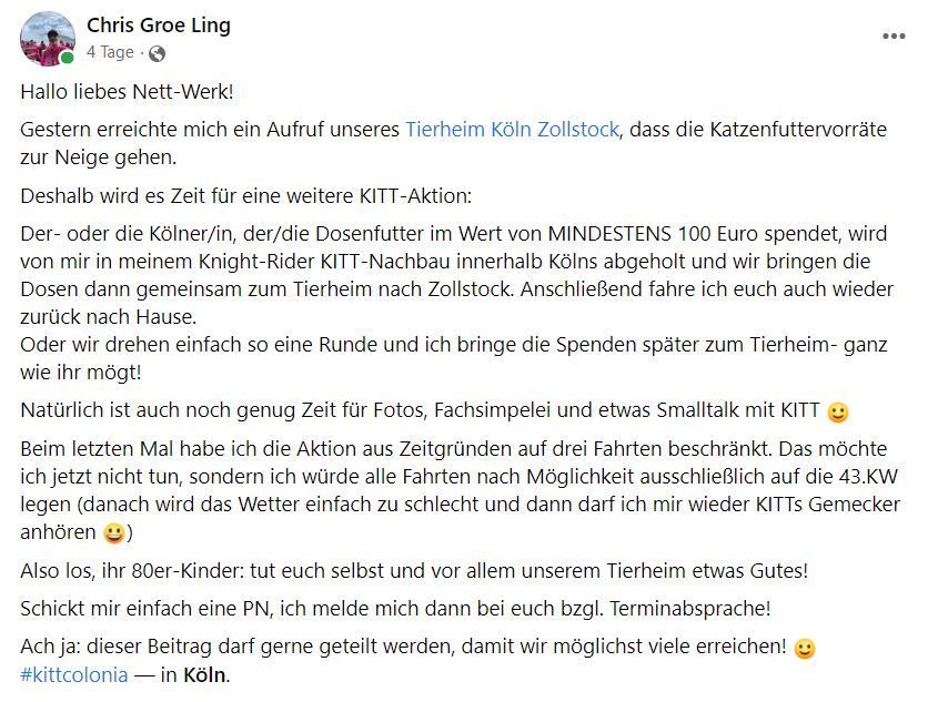 Facebook-Post des Kölners Christian Groeling. Er bietet Fahrten in seinem Auto KITT an, wenn Menschen für das Tierheim Zollstock spenden.