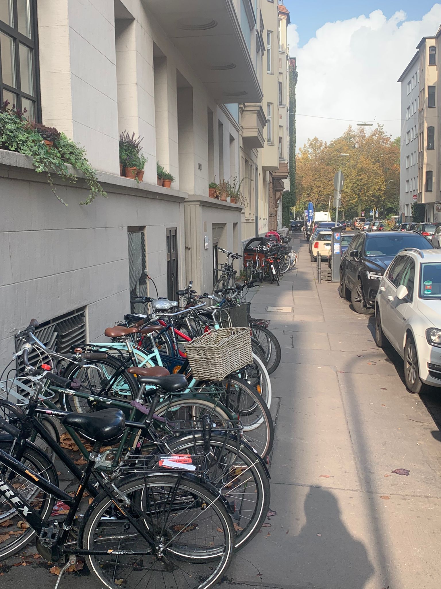 Zahlreiche Fahrräder parken entlang der Häuserwände.
