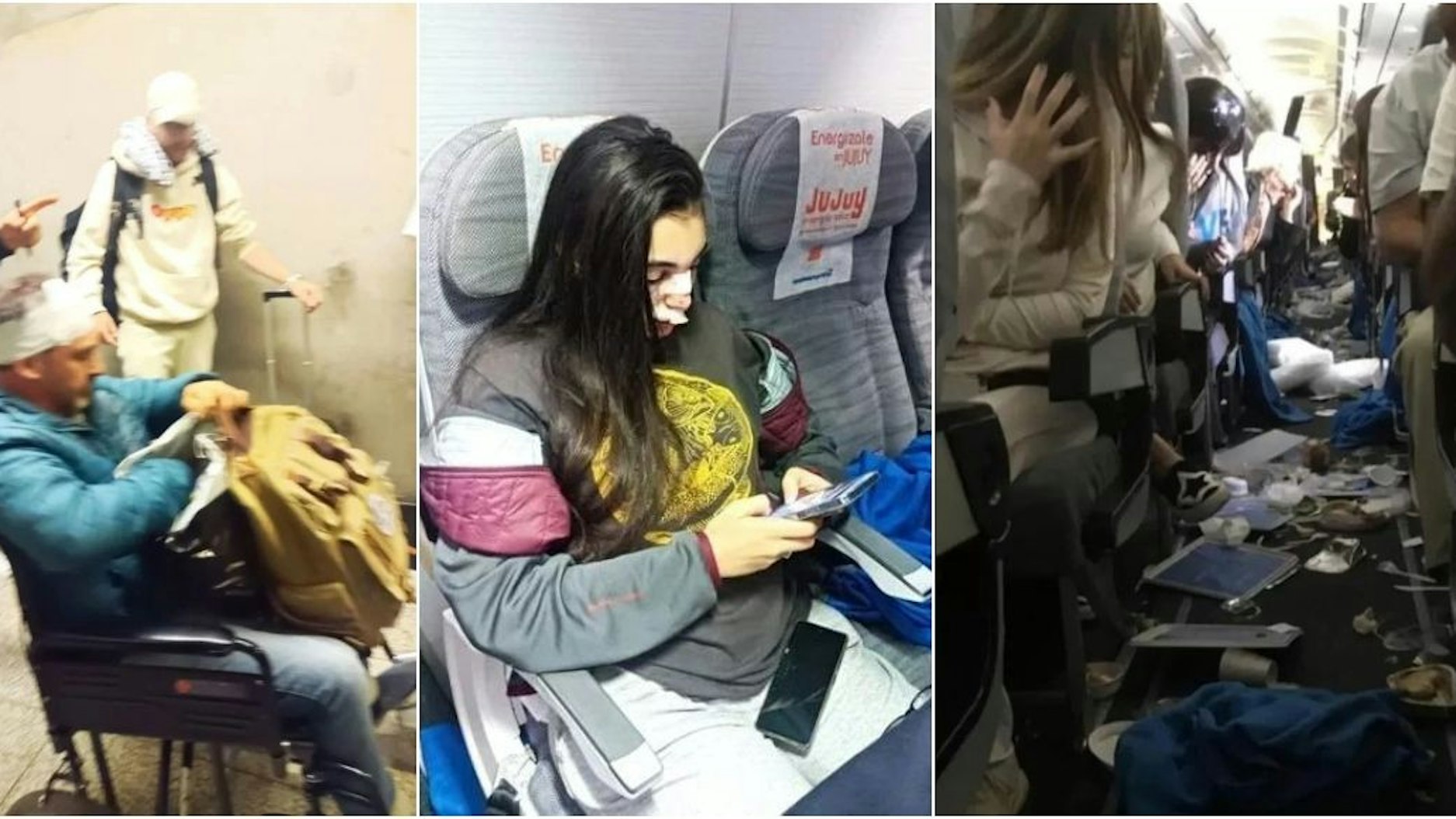 Diese Foto-Collage zeigt die erschreckenden Aufnahmen aus Flug AR1133, der im Oktober 2022 über dem Atlantik in schwere Turbulenzen geriet.