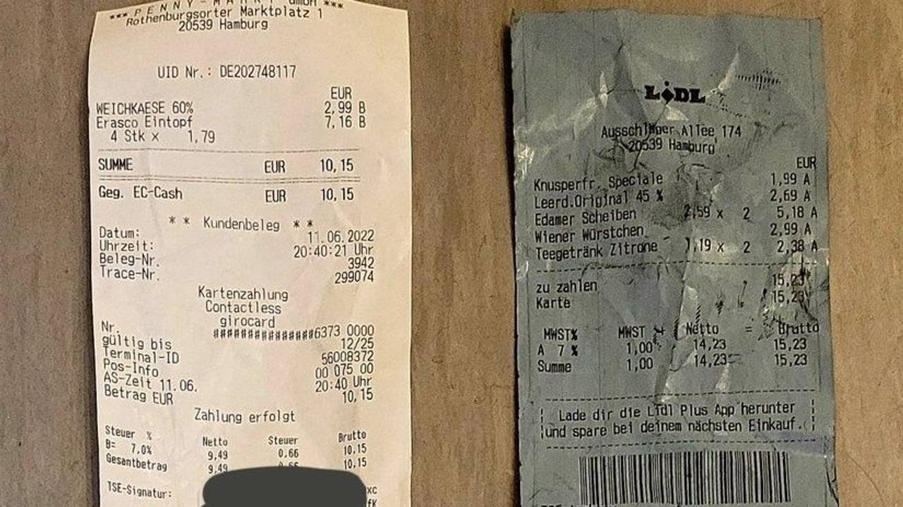 Dieses Foto von Kassenzetteln von Penny und Lidl veröffentlichte der Kunde auf Twitter.