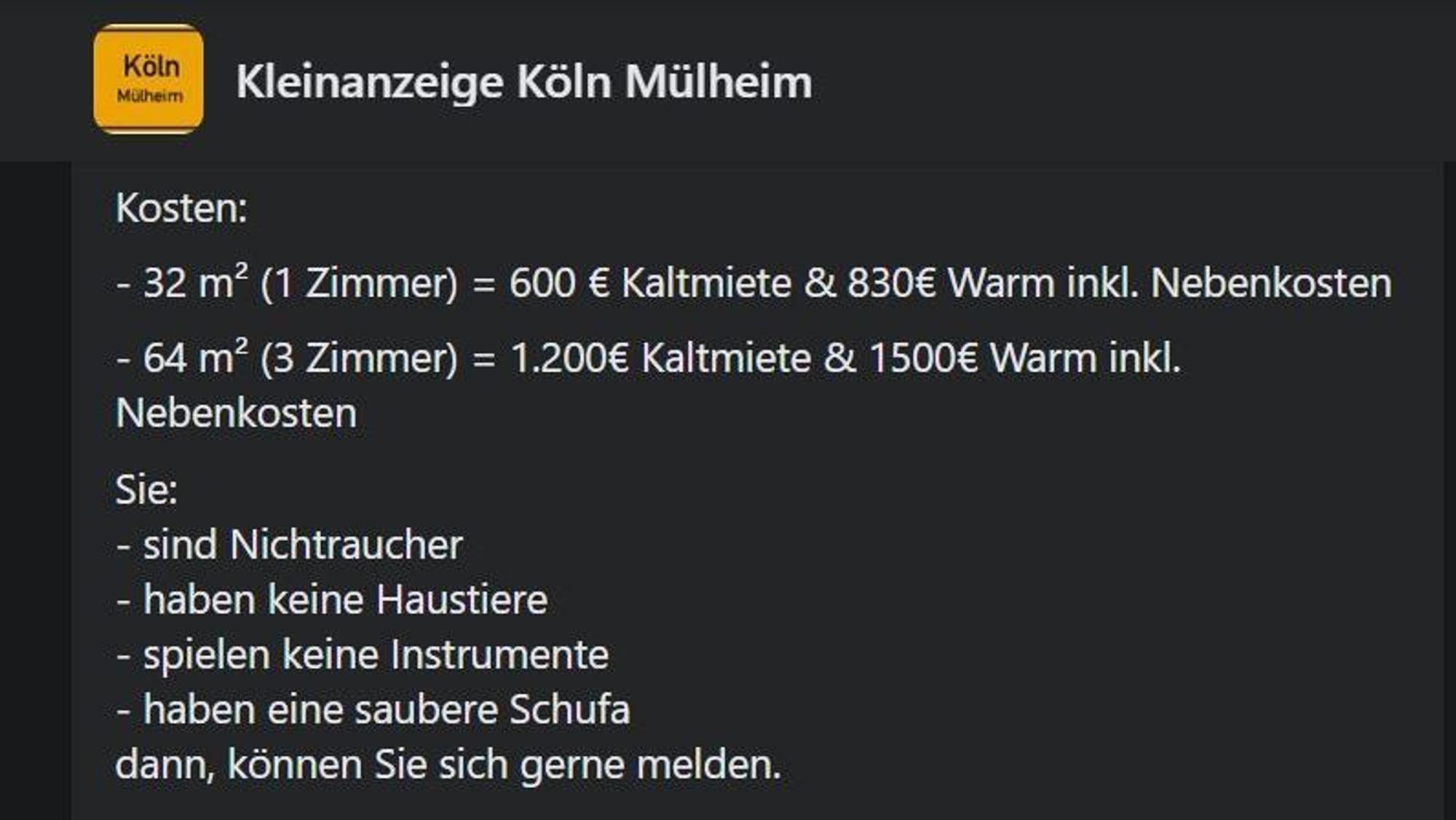 Ein Facebookeintrag mit einem Wohnungsinserat.