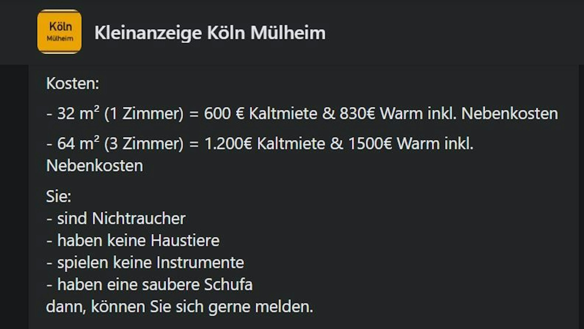 Ein Facebookeintrag mit einem Wohnungsinserat.