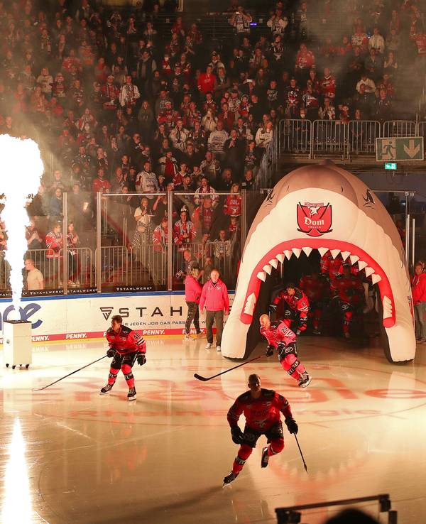 Die Spieler der Kölner Haie betreten das Eis mit einer Feuershow.