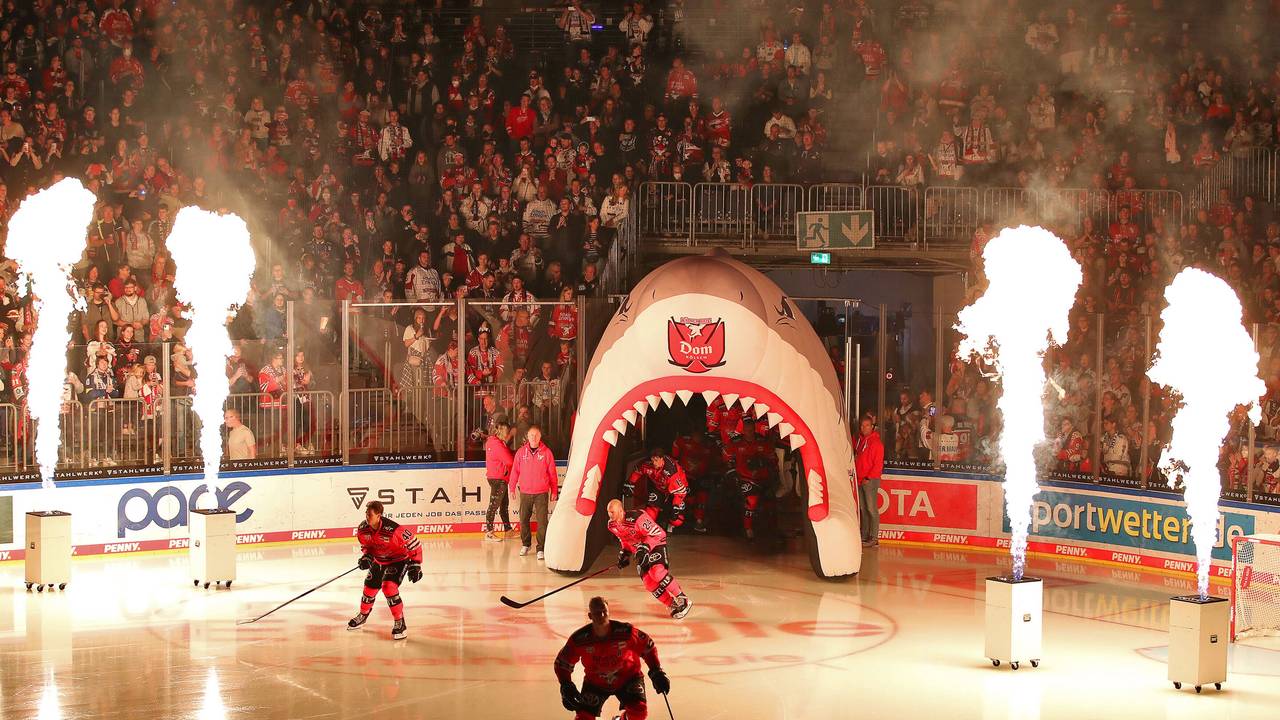 Die Spieler der Kölner Haie betreten das Eis mit einer Feuershow.