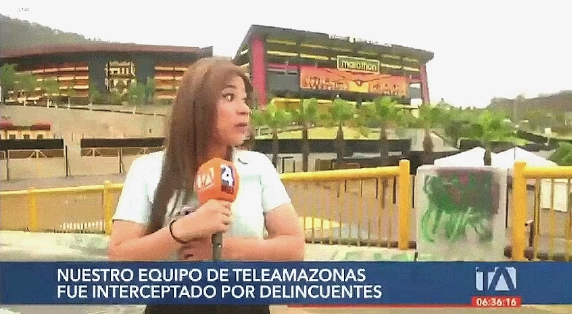 Die TV-Moderatorin Vanessa Robles wird vor laufender TV-Kamera von zwei Männern überfallen. Screenshot des Beitrags beim Sender Teleamazonas.