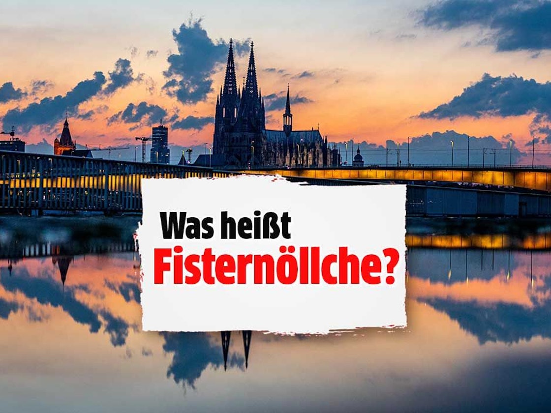 „Fisternöllche“ – Schrift liegt auf dem Foto, im Hintergrund ist der Kölner Dom zu sehen.