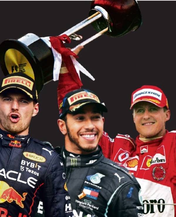 Drei Rekordfahrer der Formel 1: Max Verstappen feierte in Mexiko seinen 14. Saisonsieg, Lewis Hamilton 2020 in Istanbul seinen siebten WM-Titel und Michael Schumacher 2004 in Suzuka seinen siebten Titel und 13. Saisonsieg.
Fotos: imago