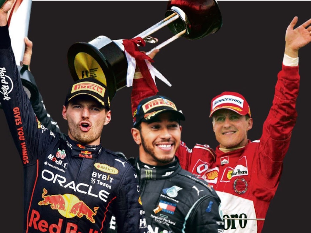 Drei Rekordfahrer der Formel 1: Max Verstappen feierte in Mexiko seinen 14. Saisonsieg, Lewis Hamilton 2020 in Istanbul seinen siebten WM-Titel und Michael Schumacher 2004 in Suzuka seinen siebten Titel und 13. Saisonsieg.
Fotos: imago