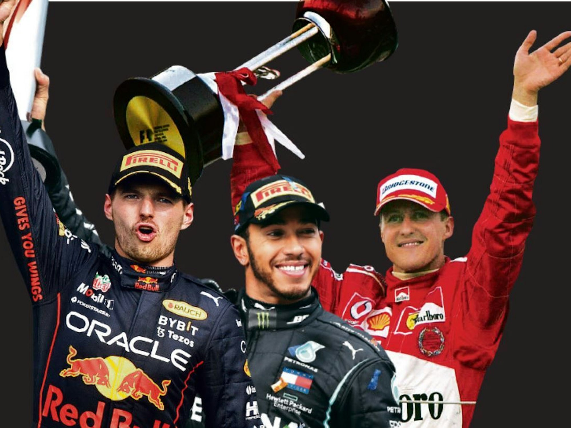 Drei Rekordfahrer der Formel 1: Max Verstappen feierte in Mexiko seinen 14. Saisonsieg, Lewis Hamilton 2020 in Istanbul seinen siebten WM-Titel und Michael Schumacher 2004 in Suzuka seinen siebten Titel und 13. Saisonsieg.
Fotos: imago