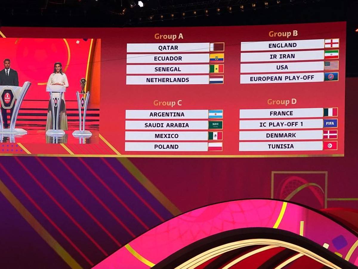 WM-Auslosung der Vorrunde in Doha. Die Auslosungsleiter Sam Johnson, Jermaine Jenas und Carli Lloyd sind auf einer Anzeige neben den Gruppen A,B,C und D zu sehen.