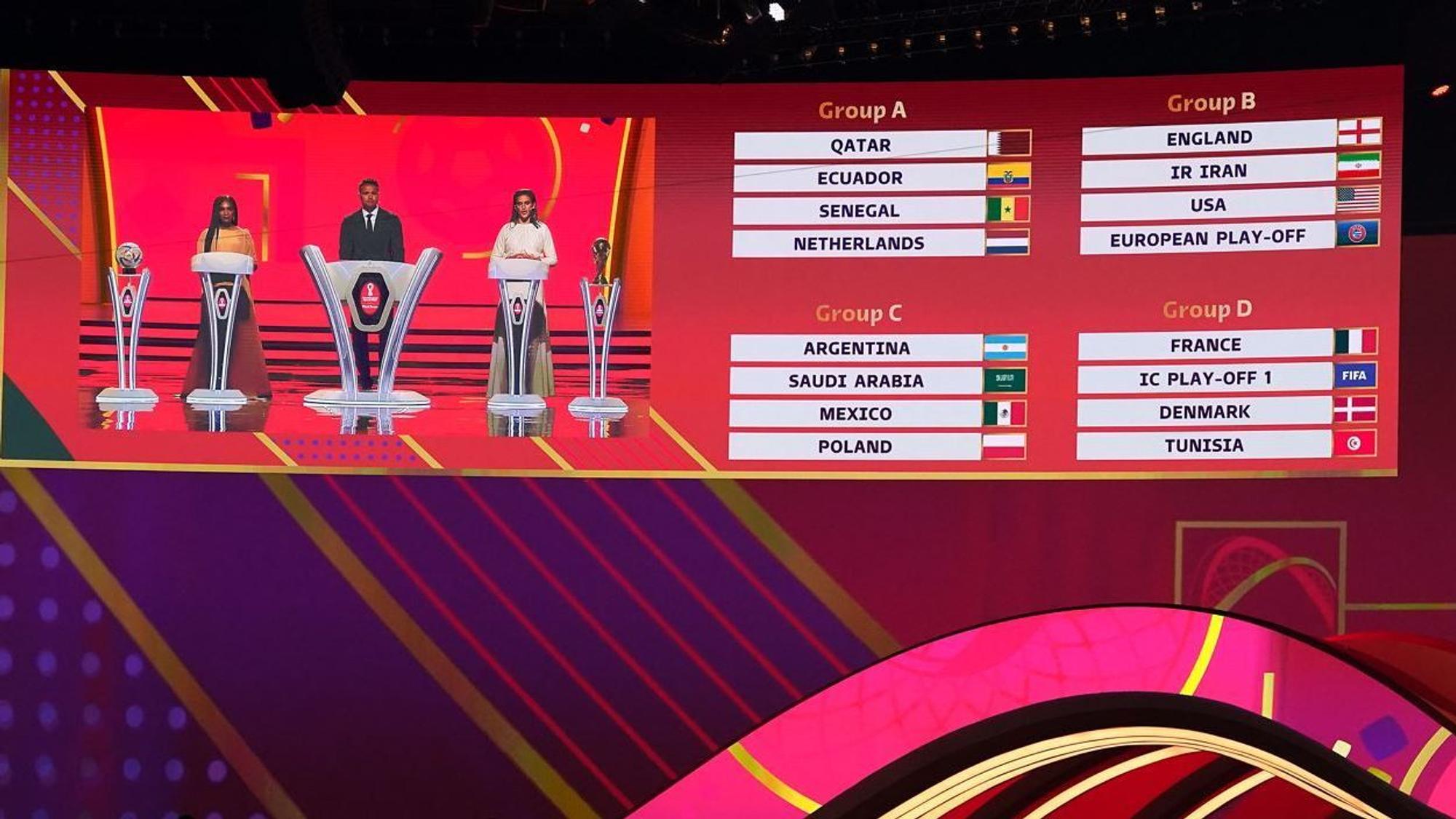 WM-Auslosung der Vorrunde in Doha. Die Auslosungsleiter Sam Johnson, Jermaine Jenas und Carli Lloyd sind auf einer Anzeige neben den Gruppen A,B,C und D zu sehen.