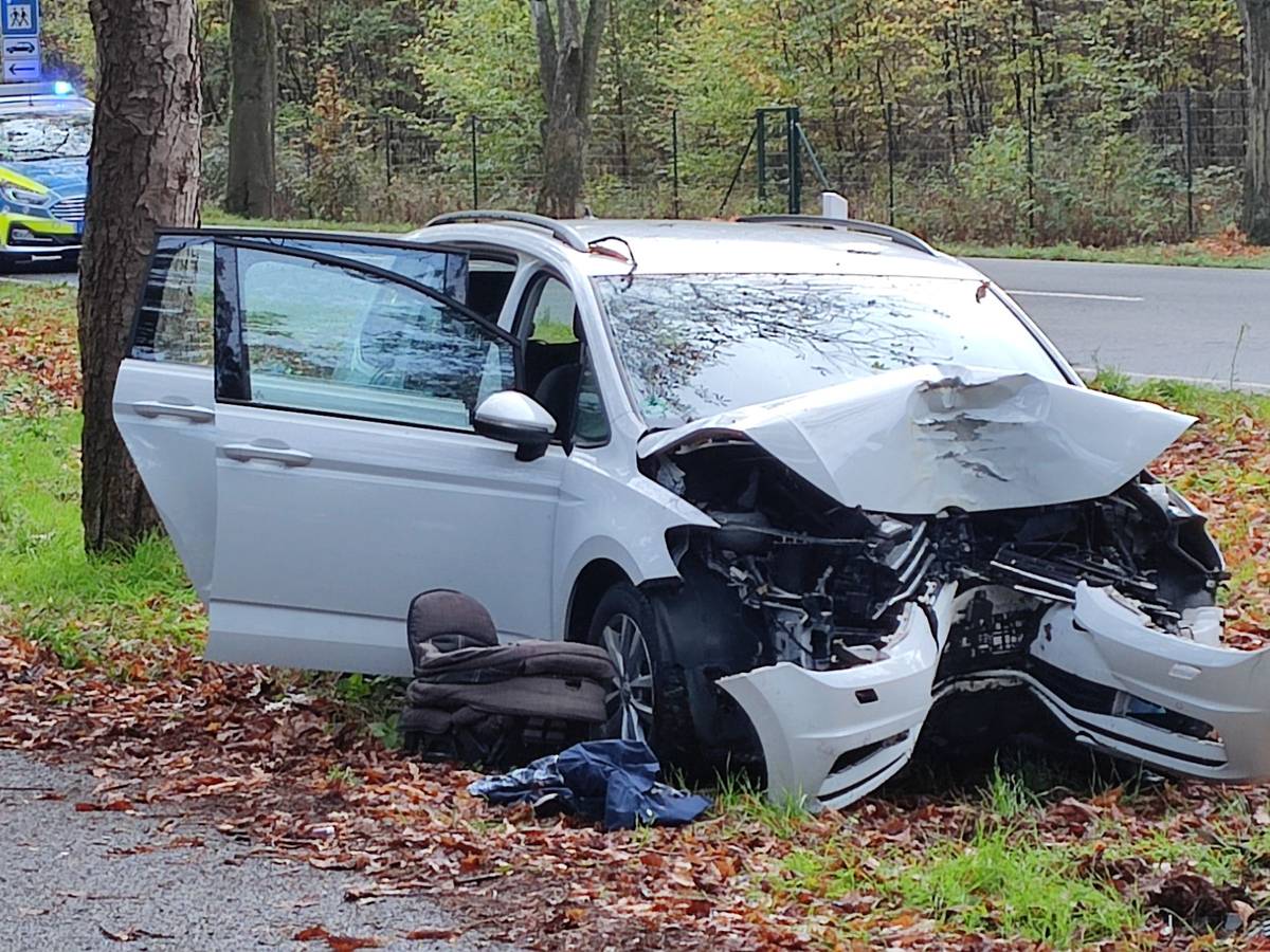 Ein Auto steht nach einem Baum-Aufprall stark beschädigt auf einem Grünstreifen.