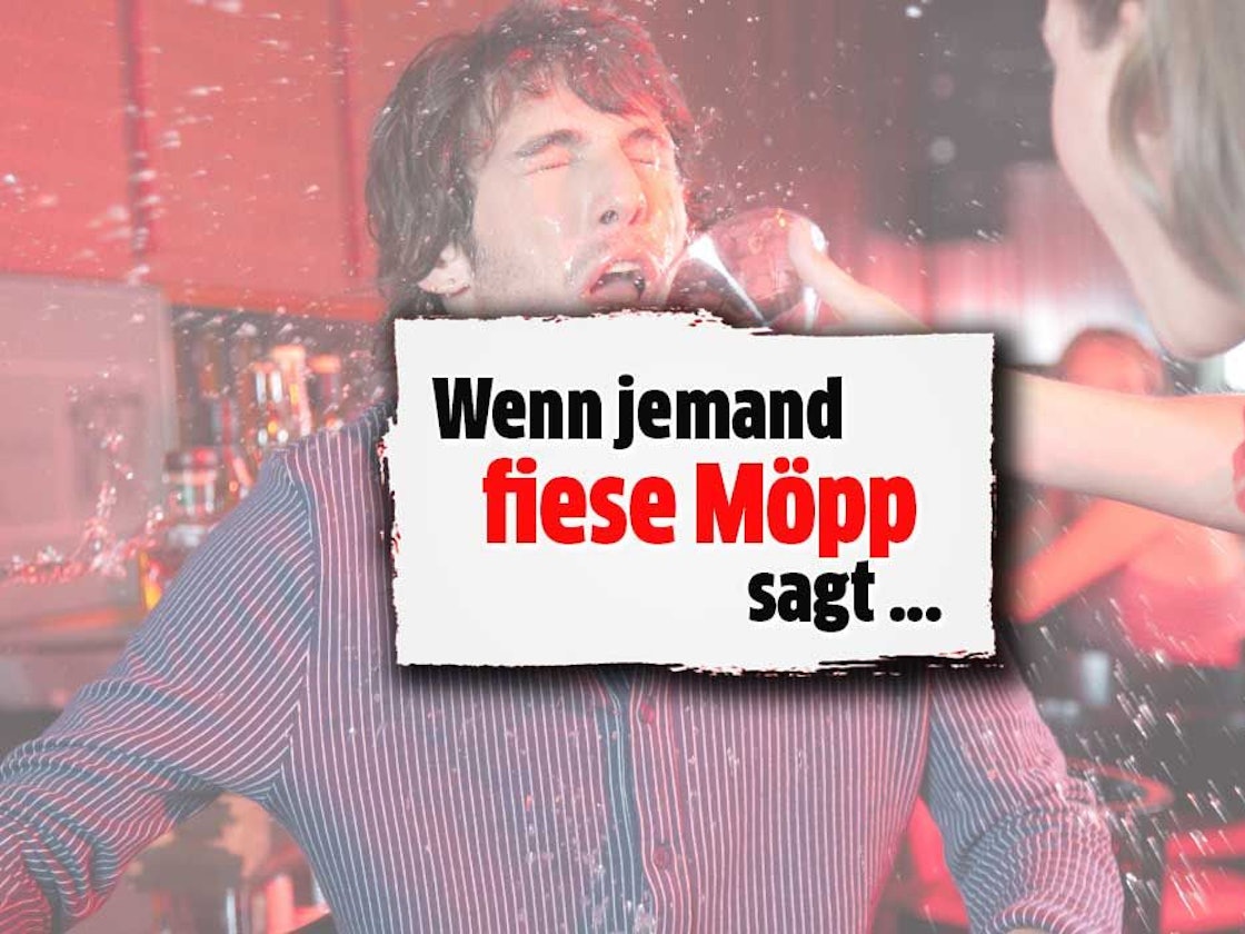 Eine Frau kippt einem Mann einen Cocktail ins Gesicht. Davor ist ein Schriftzug zu sehen. Was heißt fiese Möpp?