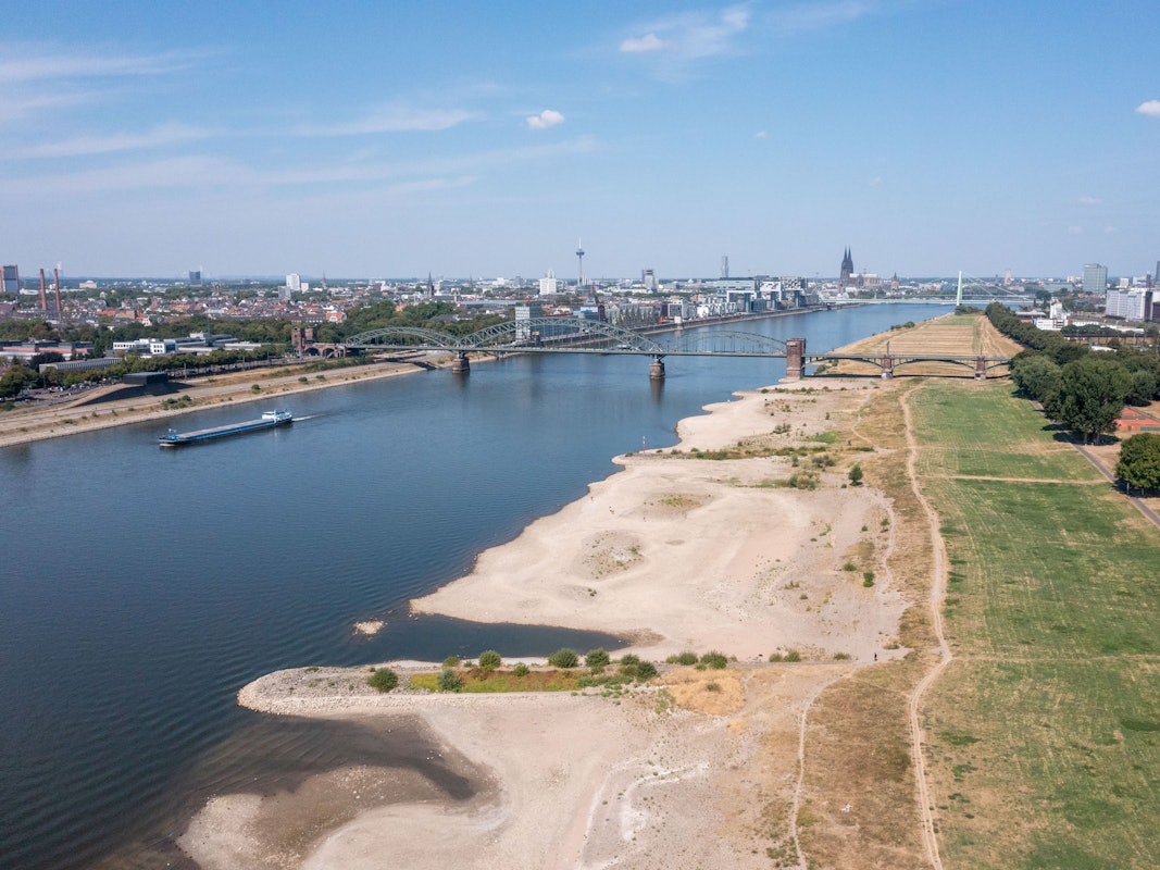 Der Rhein bei den Poller Wiesen mit Niedrigwasser