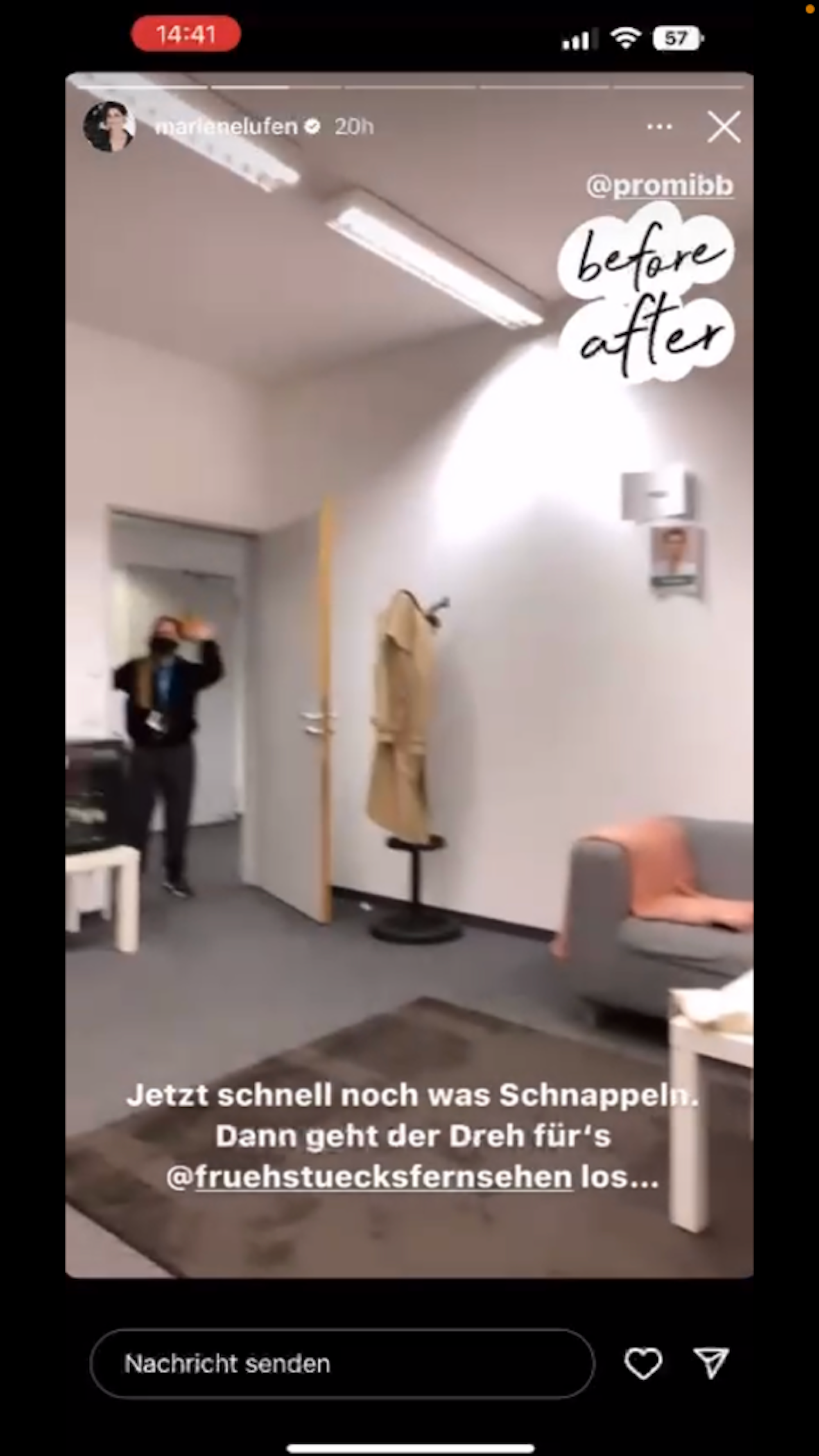 Diese Instagram-Story lud Moderatorin Marlene Lufen am Mittwoch, 16. November 2022, hoch. Auf einem Bild an der Wand ist ein Teilnehmer von Promi Big Brother zu sehen, der eigentlich noch geheim bleiben sollte.