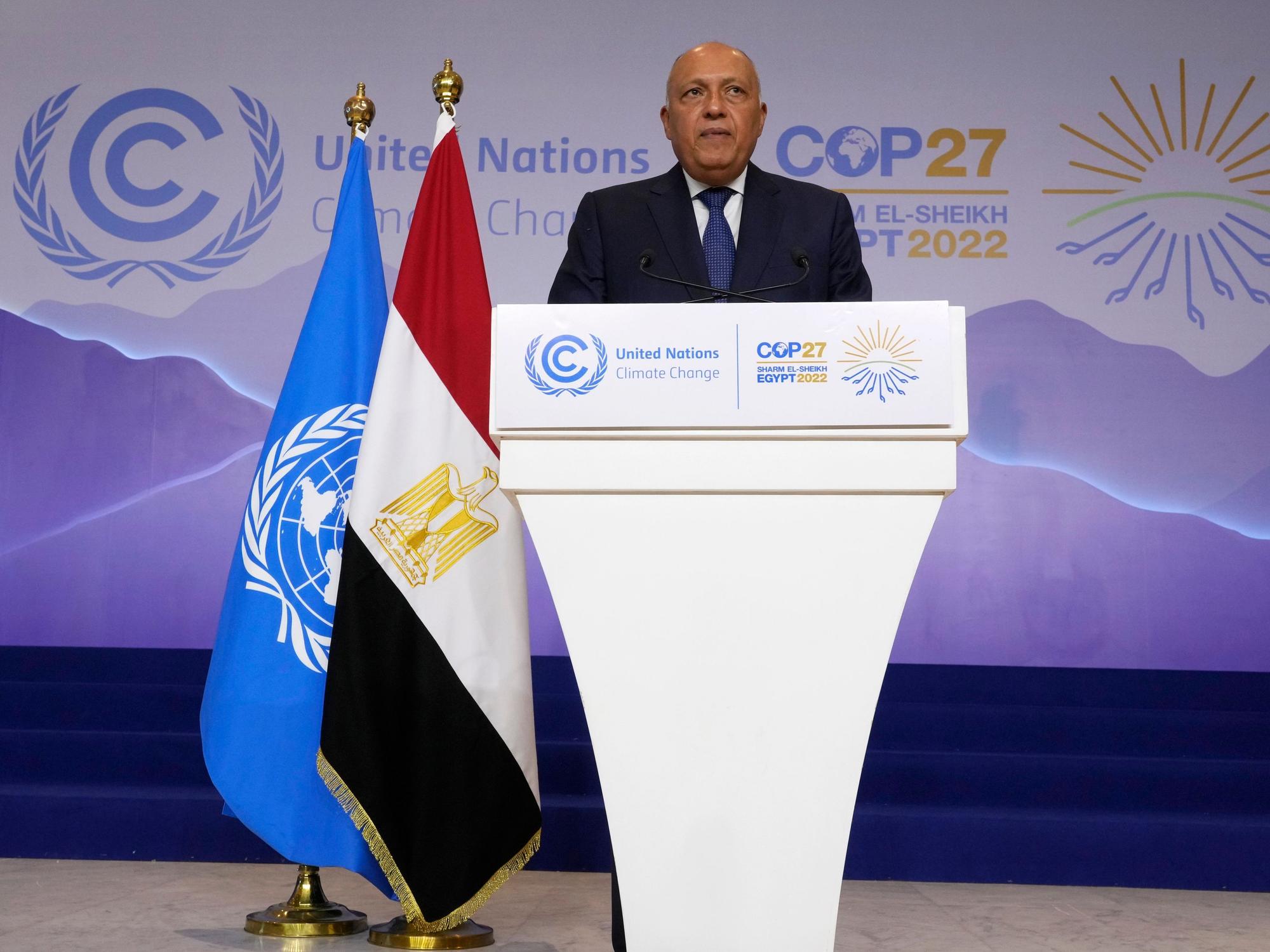Samih Schukri, Präsident der COP27-Klimakonferenz, spricht am 19.11.2022 in Ägypten (Sharm El-Sheikh) auf dem Klimagipfel.