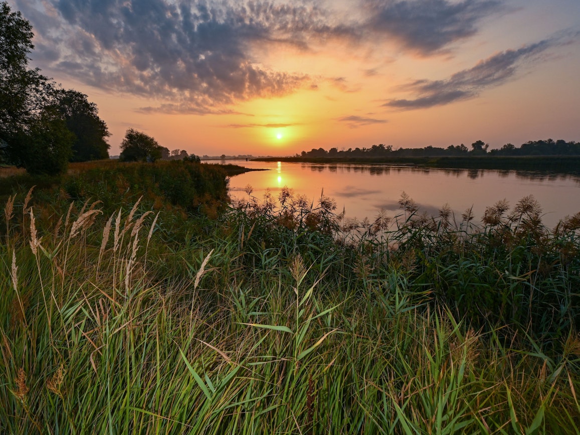 Farbenprächtig leuchtet der Sonnenaufgang über dem deutsch-polnischen Grenzfluss Oder.