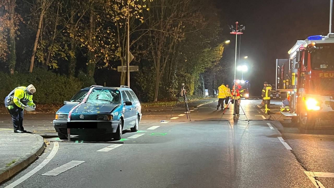 Beschädigtes Auto steht an einer Unfallstelle, daneben Autos der Feuerwehr. Eine Frau und ein Hund sind gestorben.