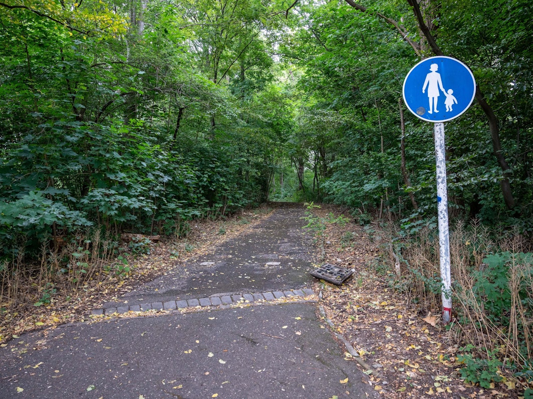 Ein von Bäumen umringter Fußweg an der Ecke zum Vingster Ring ist zu sehen.
