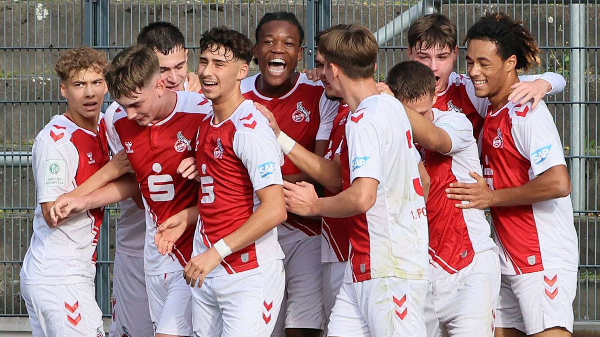 Die U19 des 1. FC Köln bejubelt gemeinsam einen Treffer.