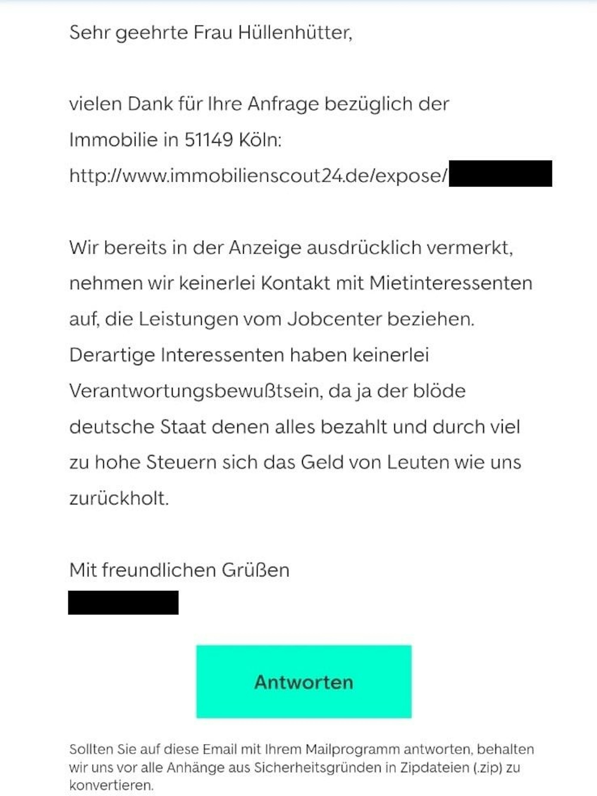 Ein Screenshot einer Antwort auf ein Wohnungsinserat.