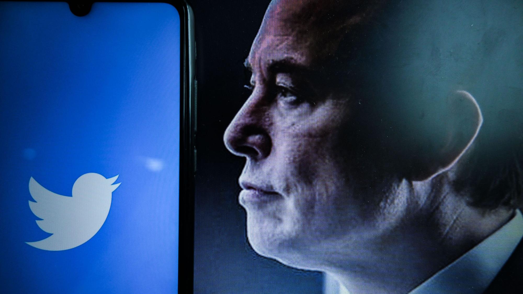 Ein Blick auf das Logo des amerikanischen Social-Networking-Unternehmens Twitter auf einem Smartphone-Bildschirm neben einem Porträt des Unternehmers Elon Musk.