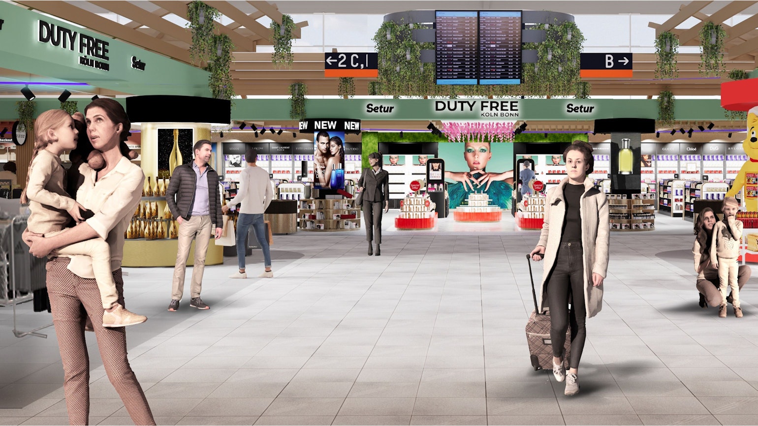 Reisende laufen durch den Duty-Free-Bereich des Flughafens Köln/Bonn. Hierbei handelt es sich um eine Animation.