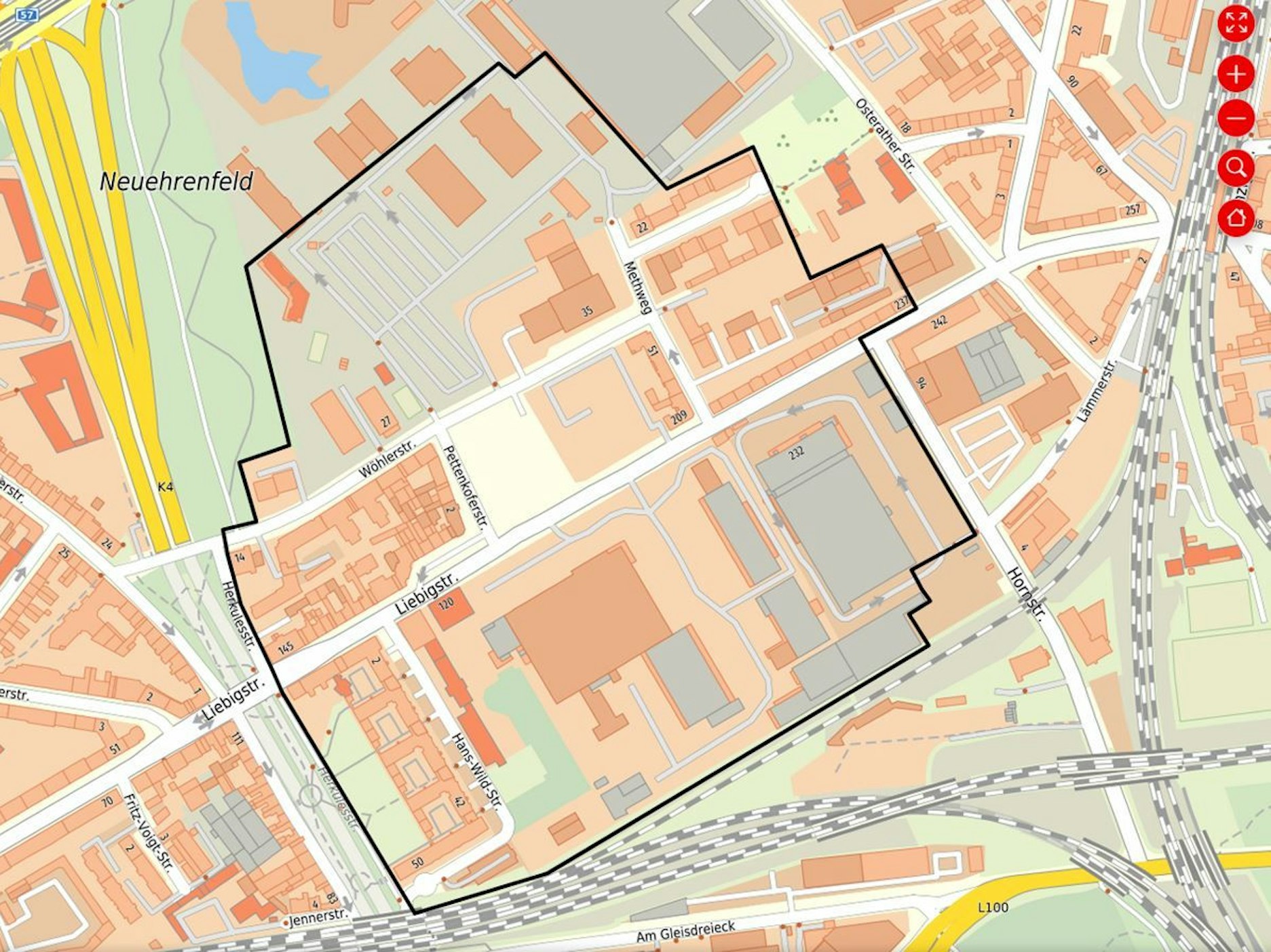 In Köln-Ehrenfeld ist eine Bombe gefunden worden. Der Evakuierungsradius ist auf dem Bild zu sehen.