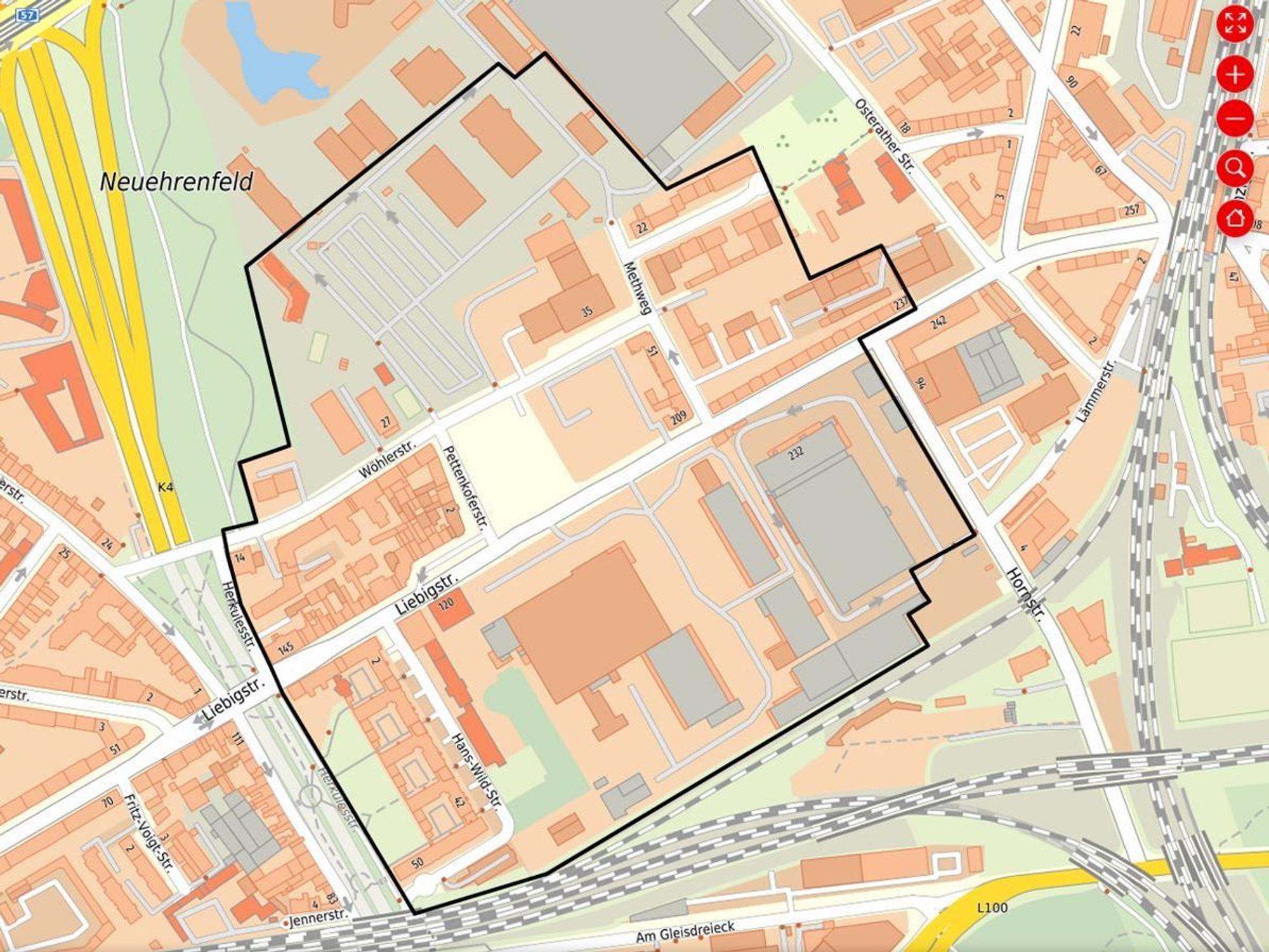 In Köln-Ehrenfeld ist eine Bombe gefunden worden. Der Evakuierungsradius ist auf dem Bild zu sehen.