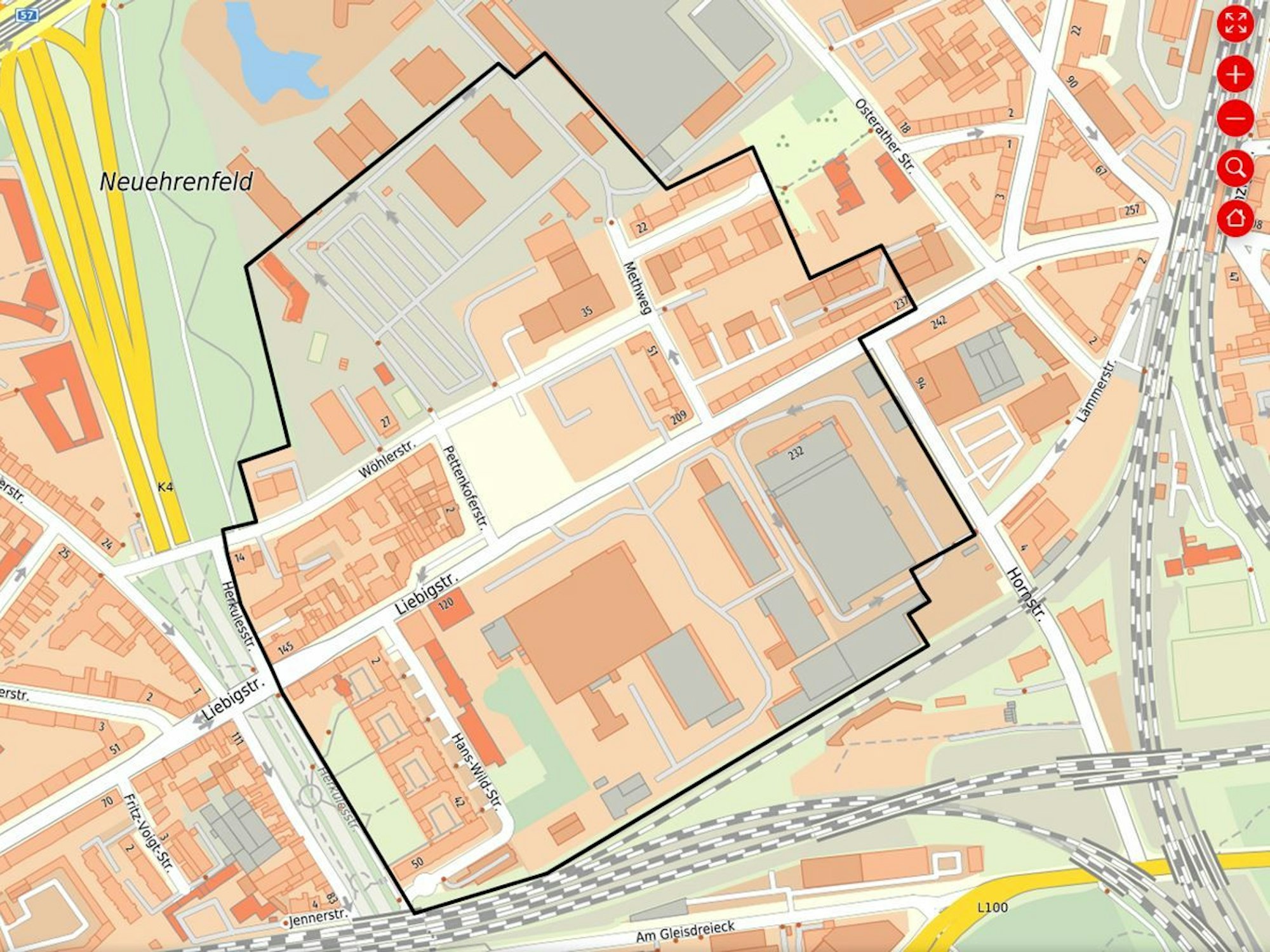 In Köln-Ehrenfeld ist eine Bombe gefunden worden. Der Evakuierungsradius ist auf dem Bild zu sehen.