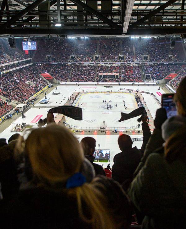 Fans schwenken beim Winter Game der Kölner Haie gegen die Adler Mannheim Schals auf der Tribüne.