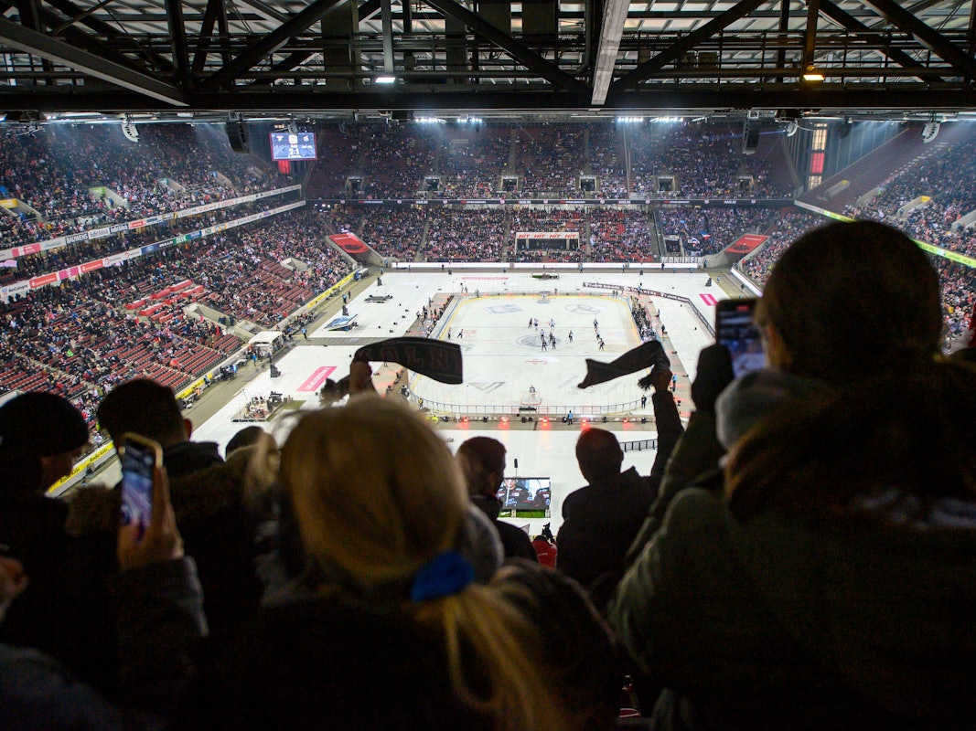 Fans schwenken beim Winter Game der Kölner Haie gegen die Adler Mannheim Schals auf der Tribüne.